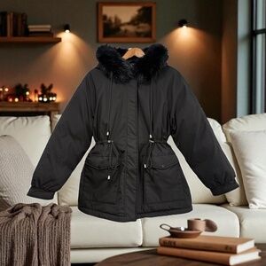 Puffit Faux Fur Mid-Length Hooded Drawstring Parka. NWT